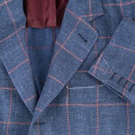 Single-breasted jacket in blue checked linen-cotton Alternative Image