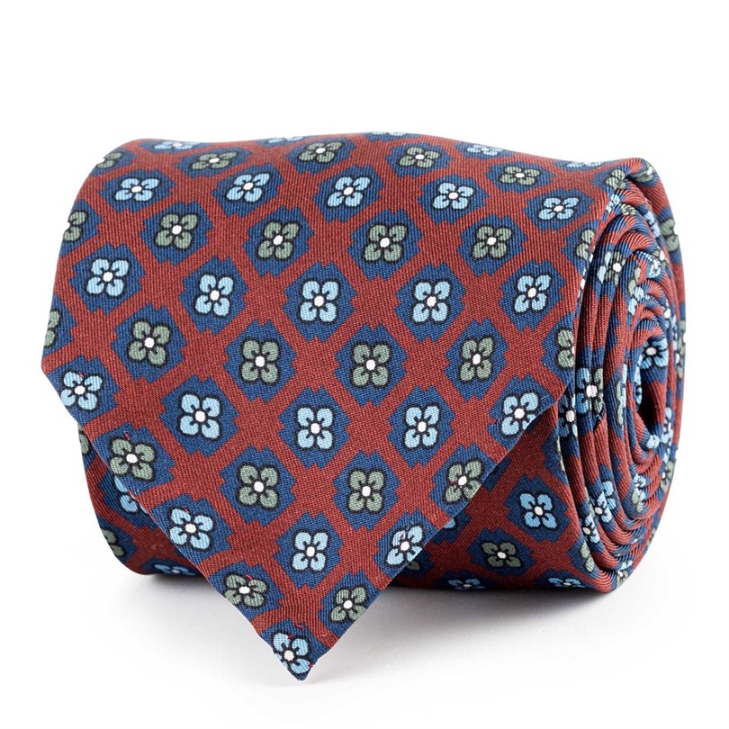Bordeaux silk twill tie with floral print