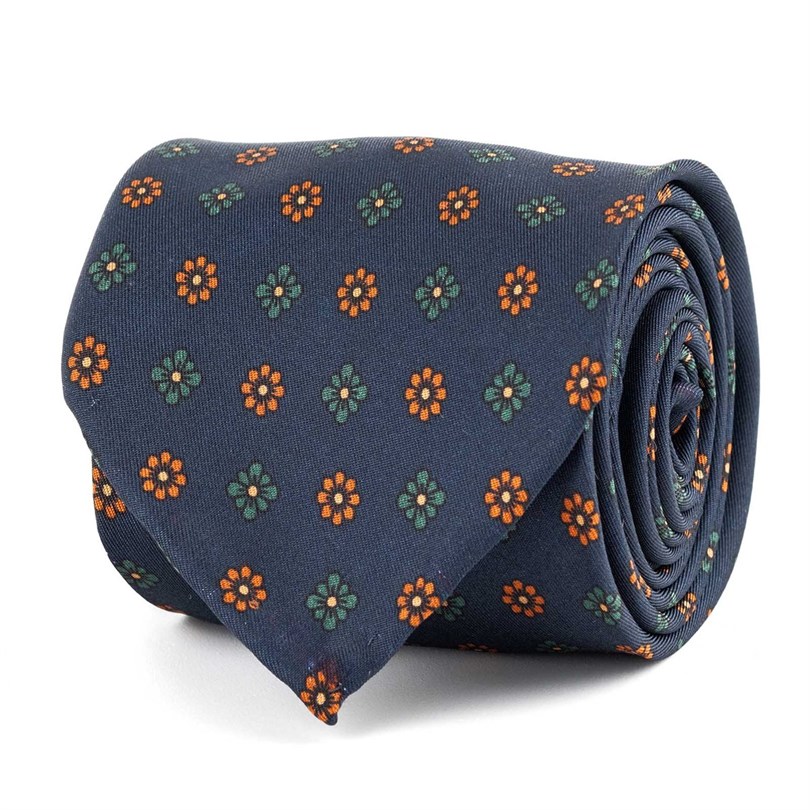 Blue silk twill tie with floral print