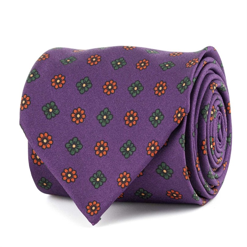 Cravatta in twill di seta prugna con stampa floreale