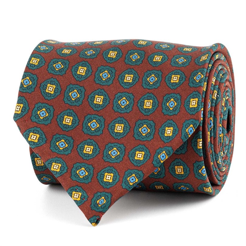 Brown silk twill tie with geometric print