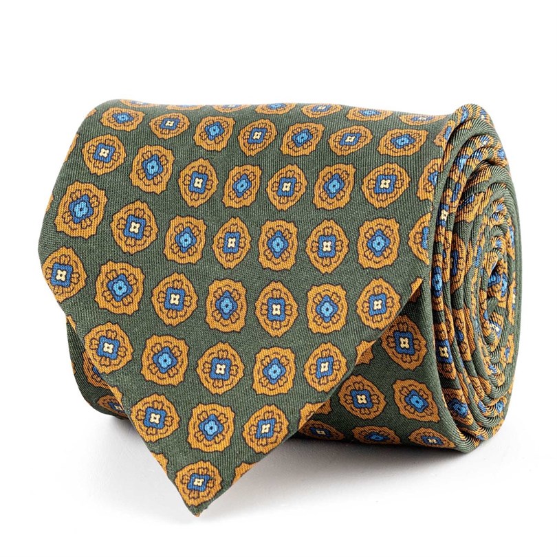 Green silk twill tie with geometric print