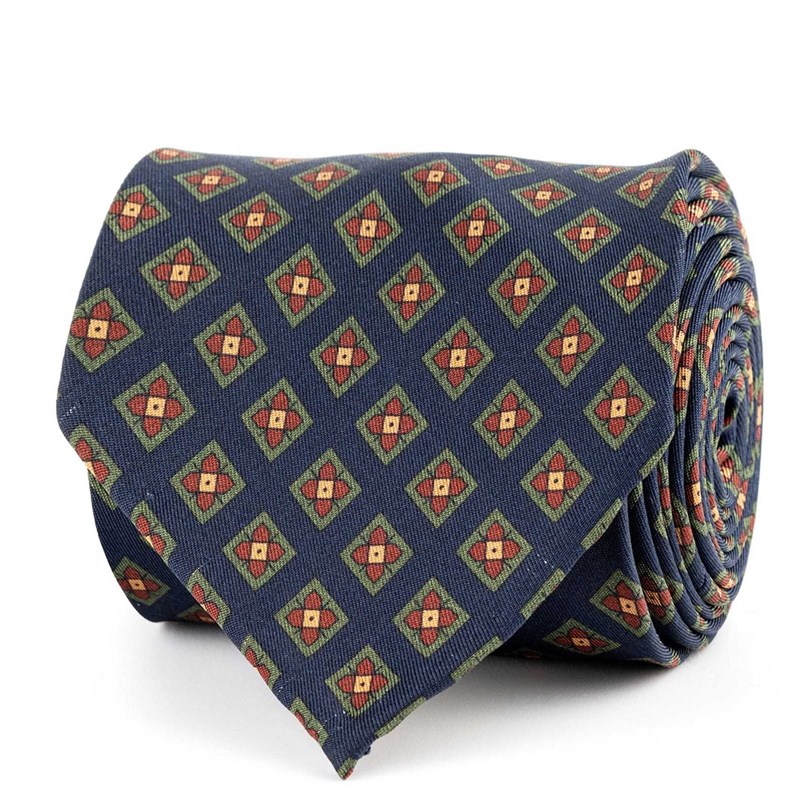 Blue silk twill tie with geometric print