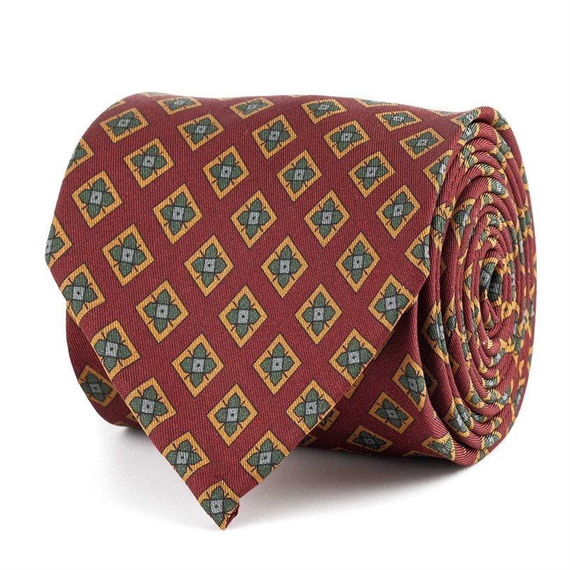 Bordeaux silk twill tie with geometric print