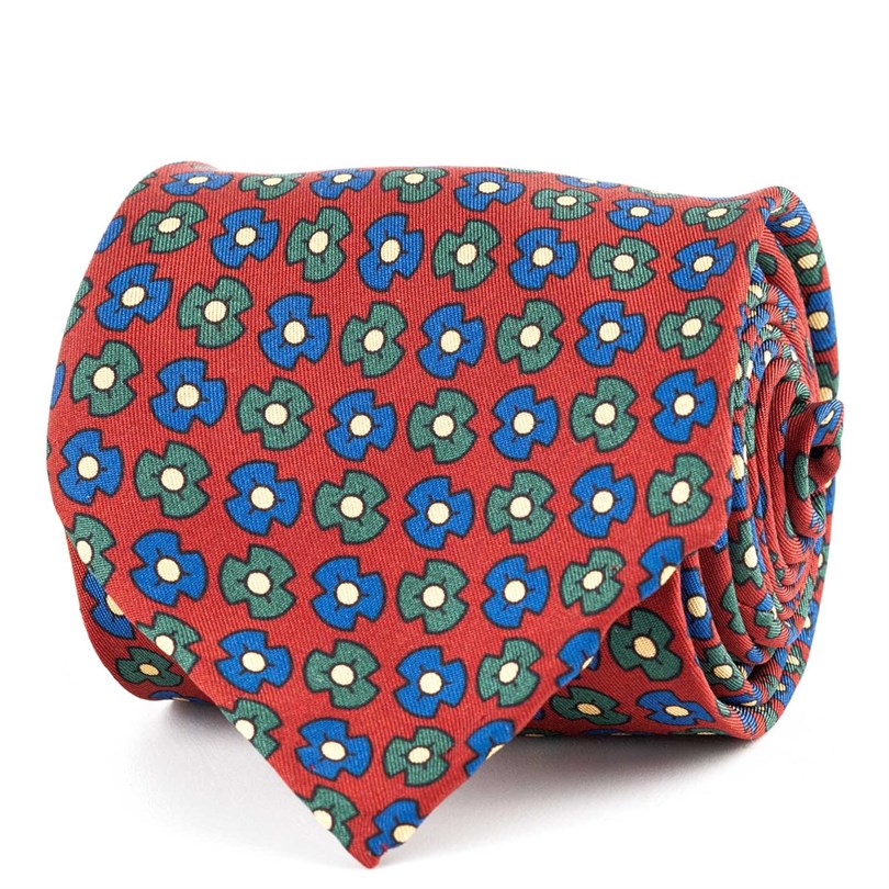 Cravatta in twill di seta rosso con stampa floreale
