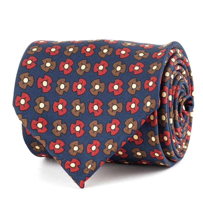 Cravatta in twill di seta blu con stampa floreale