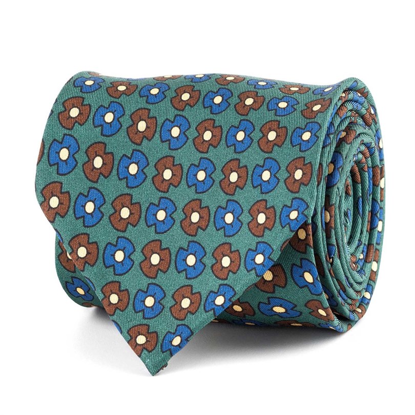 Cravatta in twill di seta ottanio con stampa floreale