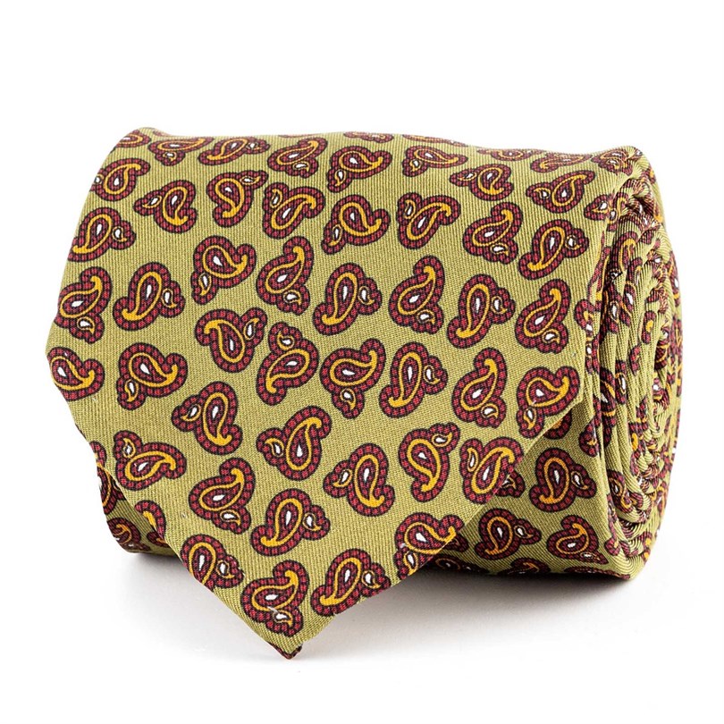 Cravatta in twill di seta kaki con stampa paisley