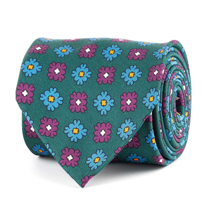Green silk twill tie with floral print