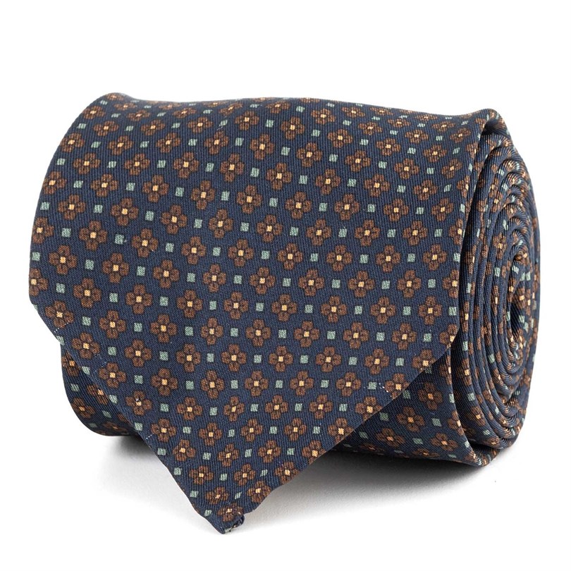 Blue silk twill tie with floral print