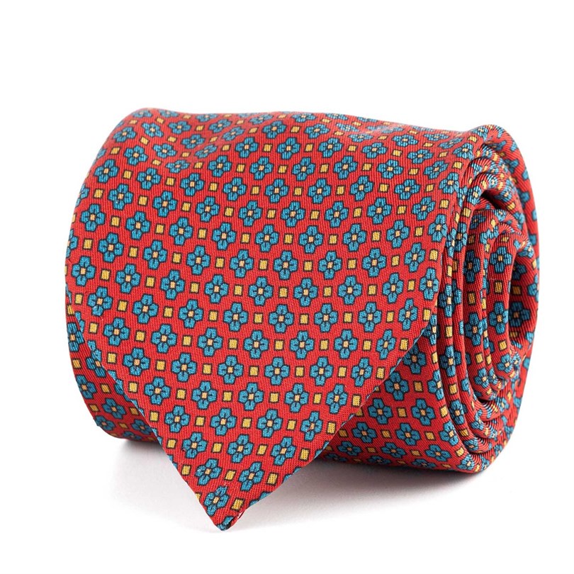 Red silk twill tie with floral print