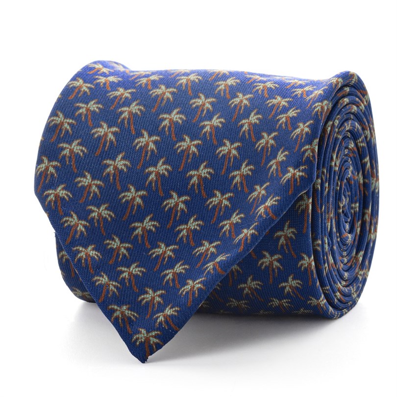 Cravatta in twill di seta blu con stampa palma