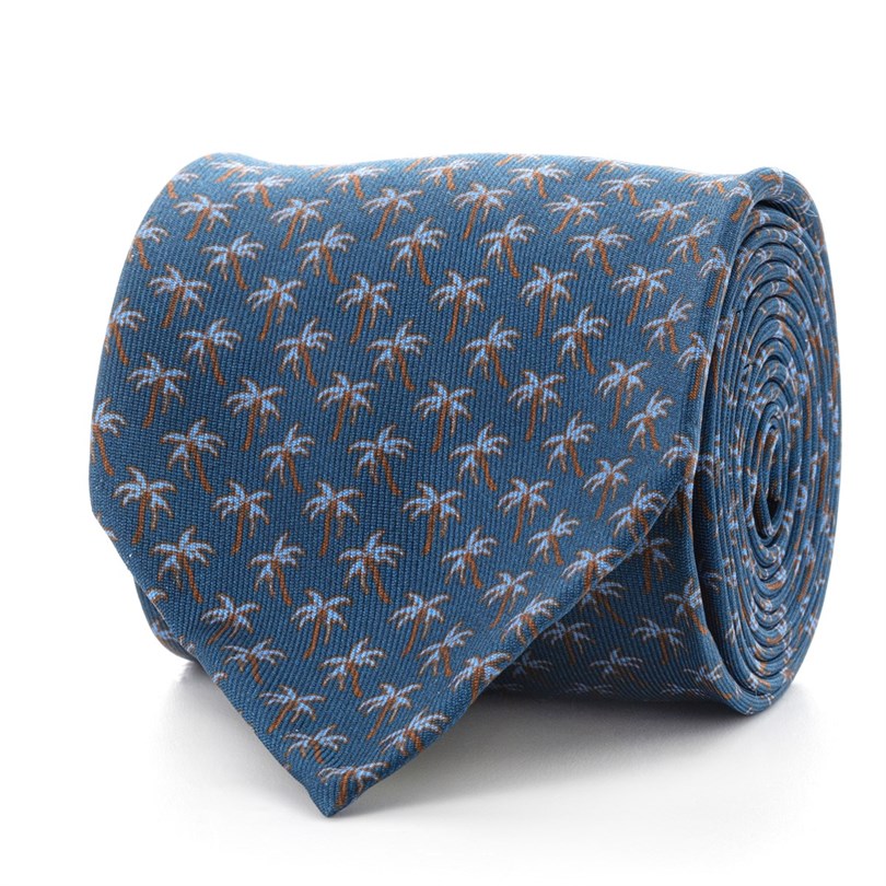 Turquoise silk twill tie with palm print