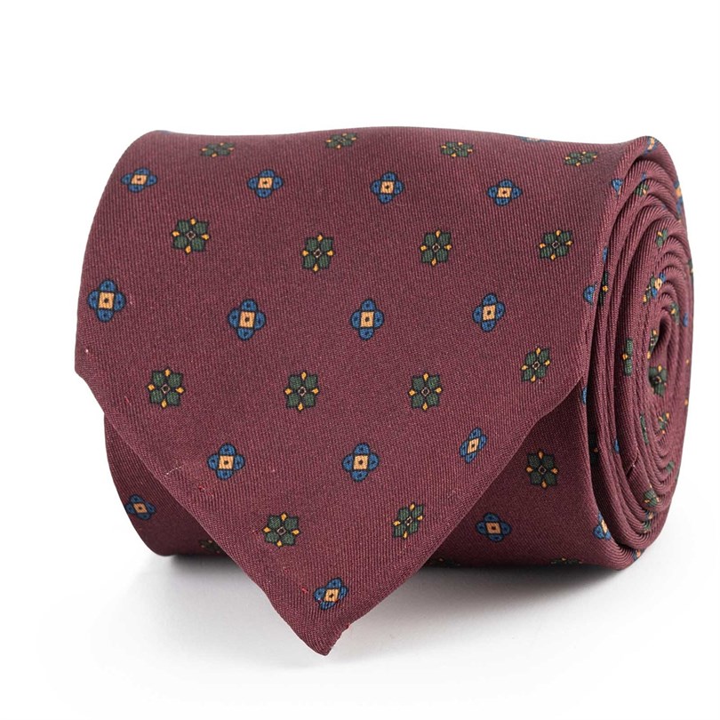 Bordeaux silk twill tie with geometric print