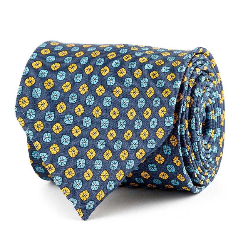 Blue silk twill tie with geometric print