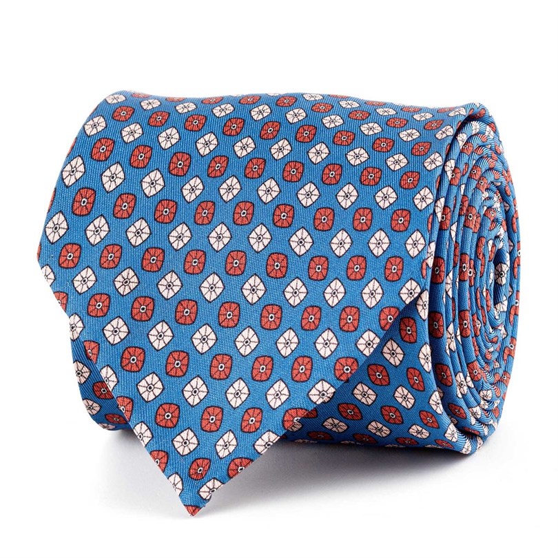 Bluette silk twill tie with geometric print