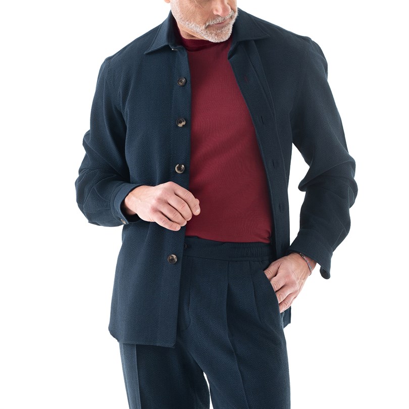 Overshirt in seersucker a righe blu e verde 