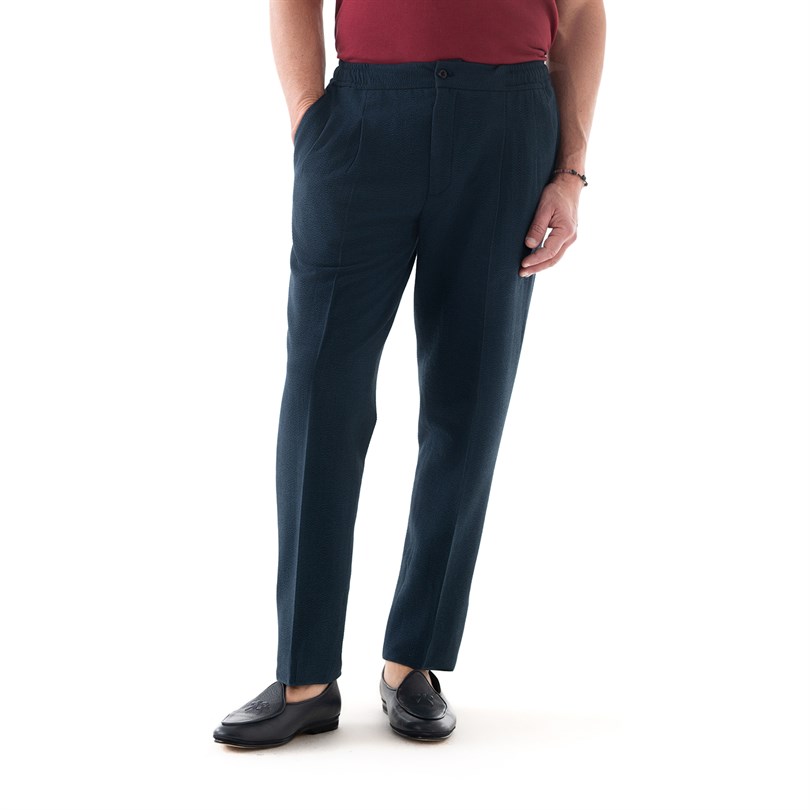 Blue and green striped seersucker leisure trousers