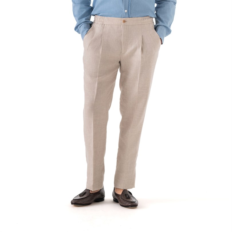 Beige herringbone linen blend leisure trousers
