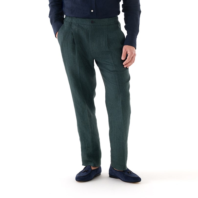 Green herringbone linen leisure trousers