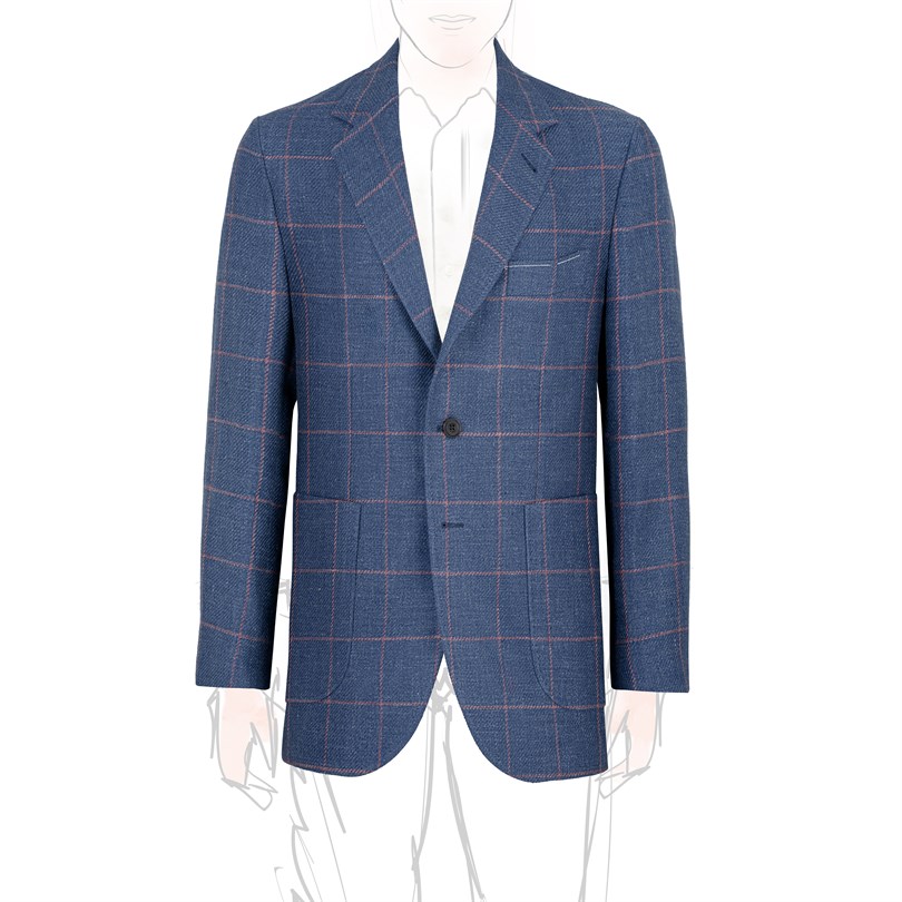 Single-breasted jacket in blue checked linen-cotton