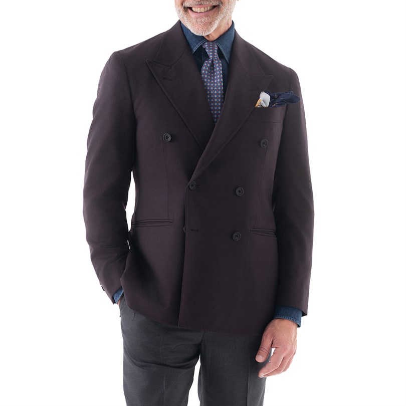 Double-breasted jacket in burgundy cashmere with scarf lining