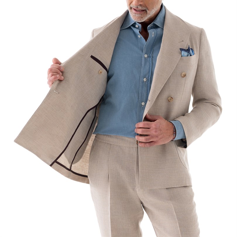 Giacca doppio petto in misto lino spigato beige