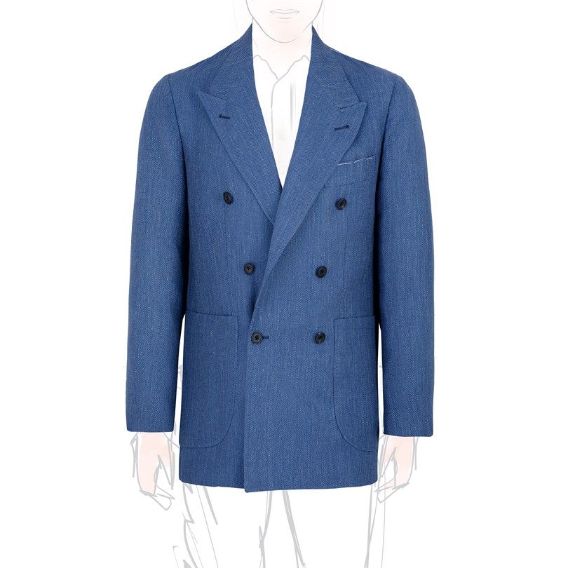 Blue herringbone linen blend double-breasted jacket