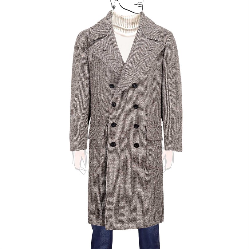 Ulster coat in brown herringbone wool and cashmere