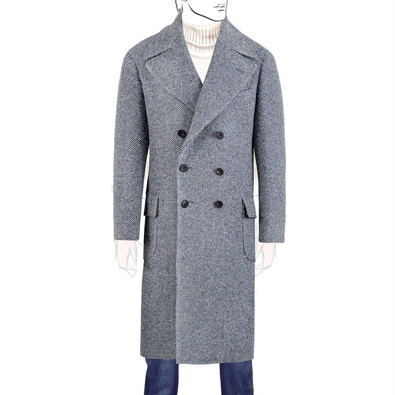 Ulster coat in blue and white herringbone wool and silk