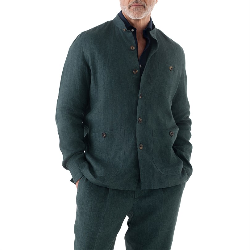 Green herringbone linen safari jacket with guru collar