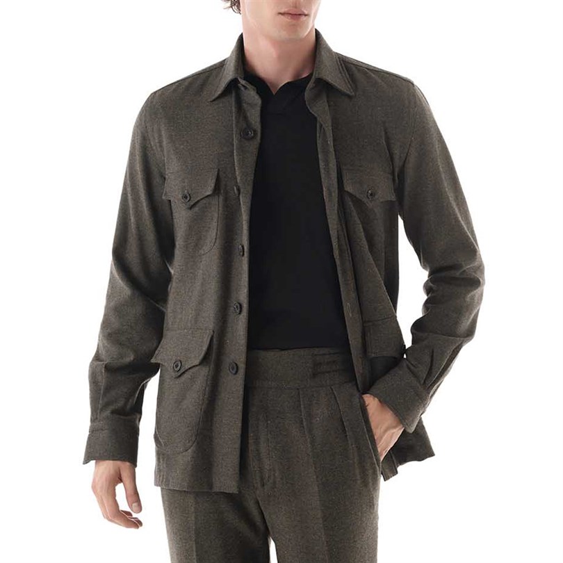 Green herringbone wool safari jacket