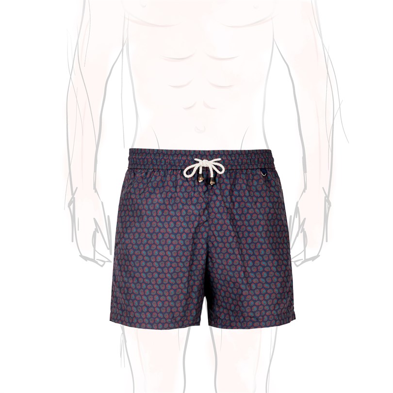 Blue swim shorts with paisley print