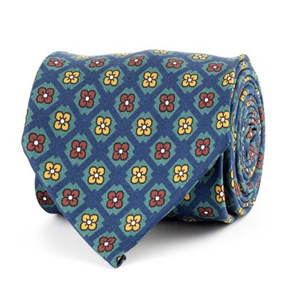 Blue silk twill tie with floral print