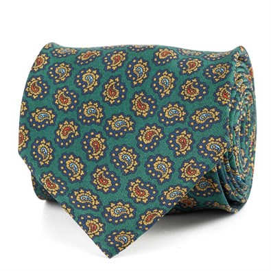 Cravatta in twill di seta verde con stampa paisley