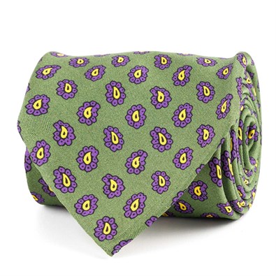 Cravatta in twill di seta verde con stampa paisley