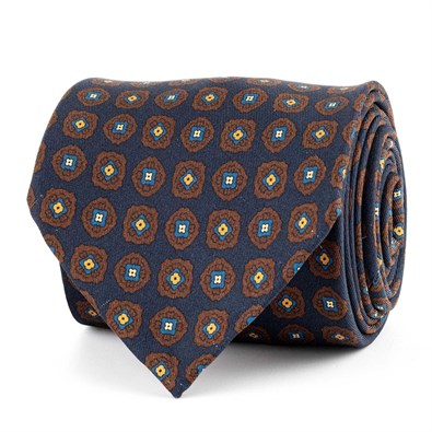 Cravatta in twill di seta blu con stampa geometrica