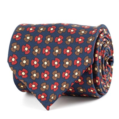 Cravatta in twill di seta blu con stampa floreale