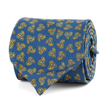Cravatta in twill di seta blu con stampa paisley
