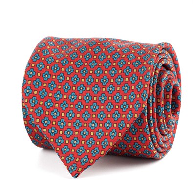 Red silk twill tie with floral print