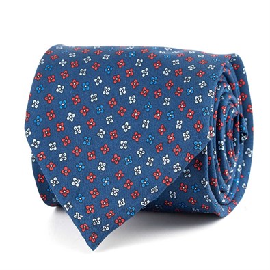 Blue silk twill tie with floral print