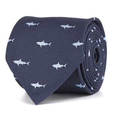 Silk twill tie with light blue shark print