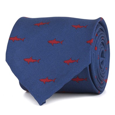 Silk twill tie with red shark print