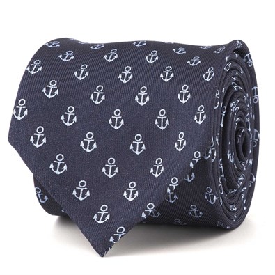 Silk twill tie with light blue anchor print