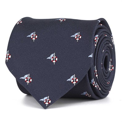 Blue silk twill tie with dolphin print