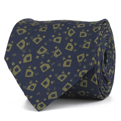 Navy blue silk twill tie with geometric print