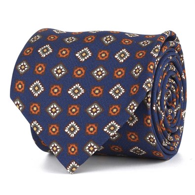 Blue silk twill tie with geometric print
