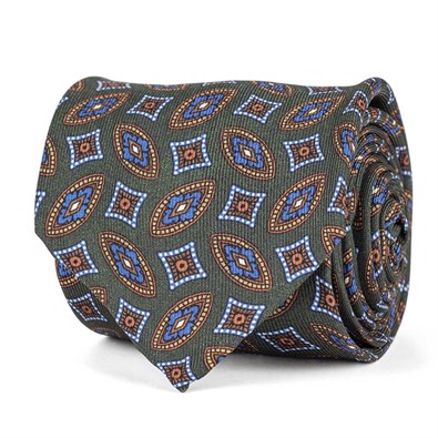 Green silk twill tie with geometric print
