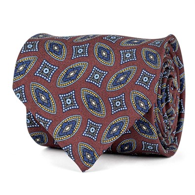 Bordeaux silk twill tie with geometric print