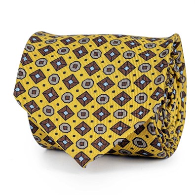 Yellow silk twill tie with geometric print